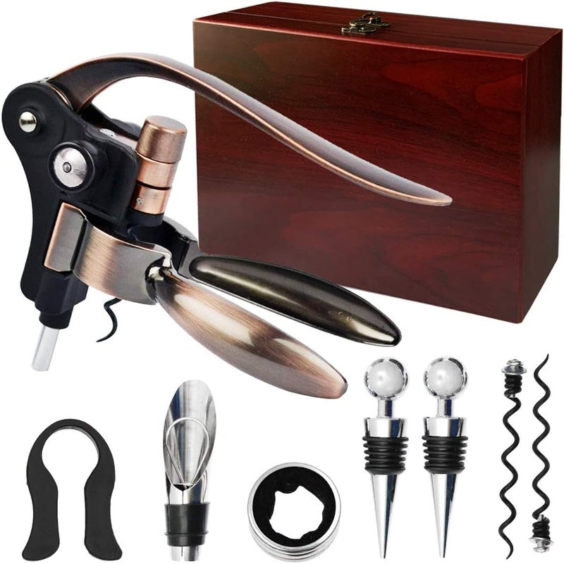 QONYFONE Wine Opener, Rabbit Corkscrew with Elegant Wooden Box, Premium 9-Piece Set, Includes Wine Stopper, Foil Cutter, Aerator, Quick and Easy Cork Extraction for Wine Lovers, Bronze - Image 1